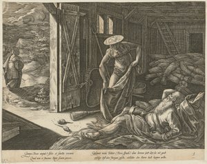 Rut i Boaz w stodole, strona 3 serii „Historia Rut” autorstwa Hendrick Goltzius