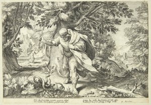 Teiresias uderza swoją laską w dwa parujące się węże autorstwa Hendrick Goltzius