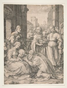 Adoracja Trzech Króli z cyklu Narodziny i wczesne życie Chrystusa autorstwa Hendrick Goltzius