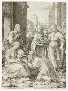 Adoracja Trzech Króli, płyta piąta z Narodzin i wczesnego życia Chrystusa autorstwa Hendrick Goltzius