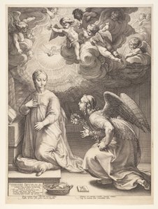 Zwiastowanie, z książki Narodziny i wczesne życie Chrystusa autorstwa Hendrick Goltzius