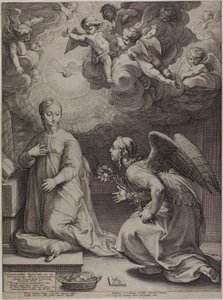 Zwiastowanie, płyta pierwsza z Narodzin i wczesnego życia Chrystusa autorstwa Hendrick Goltzius