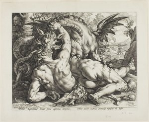 Smok pożerający towarzyszy Kadmusa autorstwa Hendrick Goltzius
