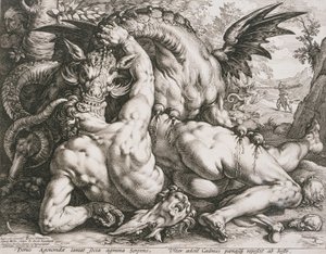 Smok pożerający towarzyszy Kadmosa autorstwa Hendrick Goltzius