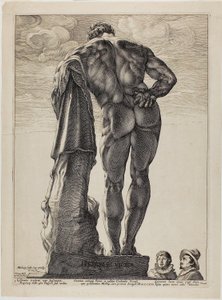 Herkules Farnezyjski, płyta pierwsza z Trzech słynnych rzeźb antycznych autorstwa Hendrick Goltzius