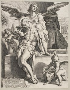 Ciało Chrystusa podtrzymywane przez anioła autorstwa Hendrick Goltzius