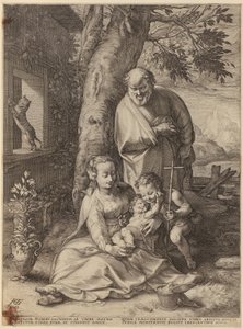 Zwiastowanie, arkusz 1 z cyklu „Życie Najświętszej Maryi Panny” autorstwa Hendrick Goltzius