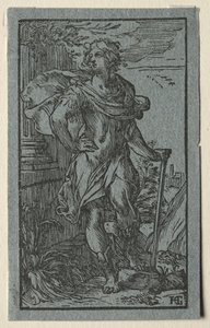 Młody mężczyzna stojący z laską autorstwa Hendrick Goltzius