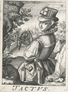 Uczucie (Tactus), kobieta z ptakiem Tactus (tytuł na obiekcie) Pięć zmysłów (tytuł serii) autorstwa Hendrick Hondius (rejected attribution)