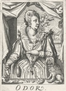Zapach (zapach), kobieta z gałązką kwiatową Zapach (tytuł na przedmiocie) Pięć zmysłów (tytuł serii) autorstwa Hendrick Hondius (rejected attribution)