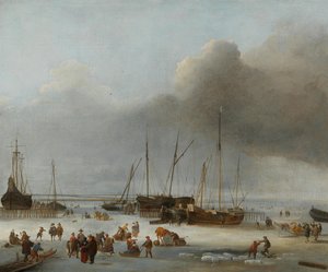 Jazda na łyżwach we wschodnich dokach Amsterdamu, druga połowa XVII wieku.. autorstwa Hendrick Jacobsz. Dubbels
