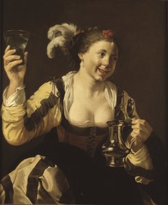 Dziewczyna trzymająca kieliszek (le dna, serie des cinq sens) - Dziewczyna trzymająca kieliszek (Smak. Z serii „Pięć zmysłów”), reż. Terbrugghen, Hendrick Jansz (1588-1629). olej na płótnie