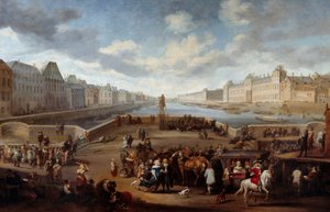 Widok na Paryż z Luwrem z mostu Henryka IV (Actuel Pont Neuf). Obraz Hendricksa Mommersa (1623-1693)