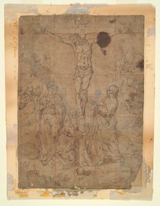 Chrystus na krzyżu między Dziewicą a św. Janem ze scenami Męki Pańskiej w tle autorstwa Hendrick de Clerck