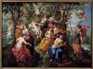 Wizyta Minerwy w muzie Obraz Hendricka de Clerka (1570-1629) (ec.flam.) XVII-wieczne Chalons Sur Marne. Muzeum Sztuk Pięknych autorstwa Hendrick de Clerk