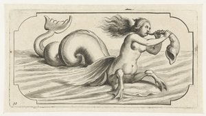 Postać kobieca wieje na muszli Nouveau Livre des Dieux et Deeßes De la Marine Bouckje of Sea Gods and Goddesses (tytuł serii)
