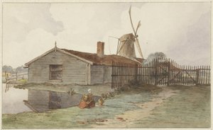 Wiatrak z drewnianymi budynkami w pobliżu Amsterdamu autorstwa Hendrik Abraham Klinkhamer