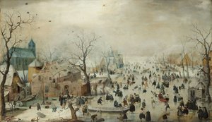 Zimowy krajobraz z łyżwiarzy. c.1608 (olej na panelu)