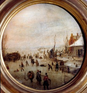 Zimowy krajobraz z łyżwiarzami i hokeistami Obraz Hendricka Avercampa (1585-1634) Średnica 25 cm Musei di Strada Nuova (ex Palazzo Rosso) Genes Włochy