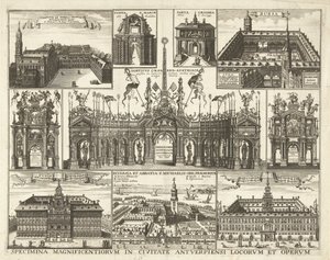 Blad met tien voorsetningen van de intocht van de Kardinaal Infant Ferdinand te Antwerpen, 1635 Okazy najwspanialszych miejsc i dzieł w mieście Antwerpia (tytuł na obiekcie)