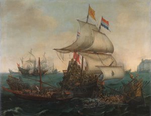 Holenderskie statki taranujące hiszpańskie galery u wybrzeży Anglii, 3 października 1602 r autorstwa Hendrick Cornelisz. Vroom