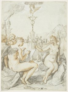 Alegoria o sztuce rysowania z godłem artysty, 1612 (tusz, kreda i gwasz na papierze) autorstwa Hendrik Goltzius