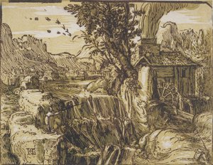 Krajobraz z wodospadem autorstwa Hendrik Goltzius