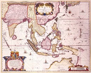 Ogólna mapa rozciągająca się od Indii po południową Japonię i północną Australię przez archipelag Indonezji i Filipiny, ok. 1700 r. (kolorowe ryciny)