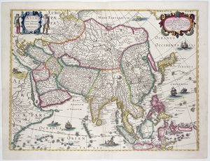 Mapa ogólna obejmująca Arabię, Japonię, Półwysep Koreański i większą część archipelagu indonezyjskiego, 1631 (kolorowe grawerowanie)