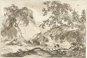 Heuvelachtig landschap met een rustende man Dwanaście projektów obliczonych na użytek tych, którzy uczą się rysować krajobraz (tytuł serii) autorstwa Hendrik Meijer