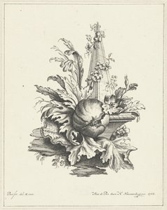 Ornament z granatem z liśćmi i obeliskiem autorstwa Hendrik Nieuwenhuysen