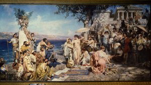 Phryne na uczcie Posejdona w Eleusis (Grecja). Obraz Henryka Siemiradzkiego (1843-1902), olej na płótnie