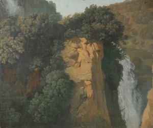 Zarośnięte klify z wodospadem we Włoszech, być może w Tivoli autorstwa Hendrik Voogd (attributed to)