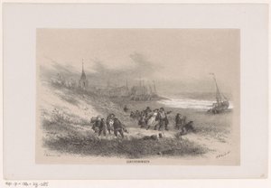 Scheveningen podczas burzy 28 maja 1860 Scheveningen (tytuł na obiekcie) Album dziesięciu litografowanych szkiców, przedstawiających Tooneelena zniszczenia, Poruszony burzą 28 maja 1860 r. w Gravenhaagsche Bosch, w Scheveningen,