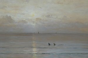 Holenderski: Zachód słońca z poławiaczami krewetek autorstwa Hendrik Willem Mesdag