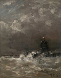 Latarnia morska w załamujących się falach. około 1900-07