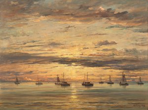 Zachód słońca w Scheveningen: Flota statków rybackich na kotwicy, 1894.