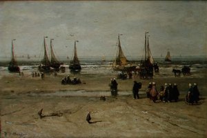 Przybrzeżny krajobraz ze statkami rybackimi i rybakami autorstwa Hendrik William Mesdag