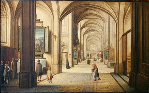 Wnętrze kościoła z zakrystianem pokazującym obraz zwiedzającym, 1608 (olej na karcie)
