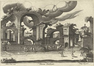 Ruiny Łaźni Dioklecjana z boku z dwoma mężczyznami grającymi w krokieta na pierwszym planie, 1585. autorstwa Hendrik van Cleve III
