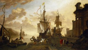 Nawigacja w Livorno (Włochy), dwa statki zacumowane w doku, wyidealizowany opis głównego portu Toskanii, morskiego skrzyżowania między Wschodem i światem muzułmańskim, reprezentowanym przez wielbłąda i postacie nieeuropejskie, a Europą, symbolizowaną przez