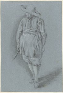 Mężczyzna w XVII-wiecznej sukni z kapeluszem, fartuchem i nożem autorstwa Hendrik van Velthoven (attributed to)