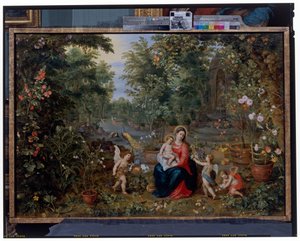 Dziewica z Dzieciątkiem siedzi w ogrodzie z puttami, ptakami i zwierzętami autorstwa Hendrik van the Elder Balen