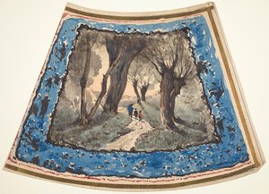 Podróżni na leśnej ścieżce z obramowaniem z fantazyjnych postaci i małp autorstwa Henri-Joseph Harpignies