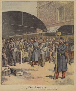 Żołnierze wyruszający do swojego pułku po treningu (kolorowa litografia) autorstwa Henri (after) Meyer