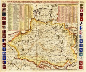 Mapa Polski obejmuje fragmenty Inflant i Wielkiego Księstwa Moskiewskiego par Chatelain, Henri Abraham (1684-1743). Akwaforta, akwarela autorstwa Henri Abraham Chatelain