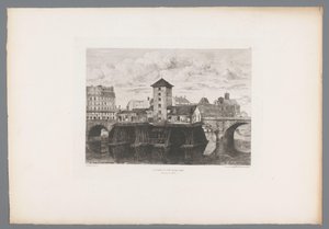 Gezicht op de Pont Notre-Dame Pompa Pont Notre-Dame (tytuł na obiekcie) Francja etsen uit 1875 (tytuł serii) Akwaforta w 1875 (tytuł serii) autorstwa Henri Alexandre Saffrey