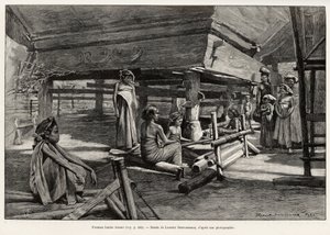 Batak kobiety, grupa etniczna Sumatry Północnej, tkactwo. Grawerowanie Laurenta Desrousseaux dla zilustrowania historii „Rok w Malezji”, Jules Claine (1856-1939), w latach 1889-1890, w Le tour du Monde 1892, reżyseria Edouard Charton (1807-1891), Hachette,