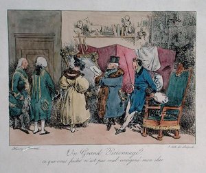 Sławna osoba: „To, co robisz, nie jest tak źle przedstawione, mój drogi”, rysunek do „Vues de Paris, esquisses morales et philosophiques”, rytowany przez Francois Serafina Delpecha (1778-1825) (kolor litho)