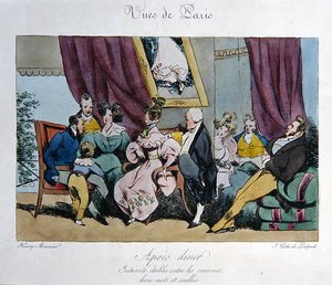 Humorystyczny obraz zachowania i rozmowy gości po obiedzie, karykatura dla „Vues de Paris, esquisses morales et philosophiques”, grawerowana przez Francois Serafina Delpecha (1778-1825) (kolor litho)